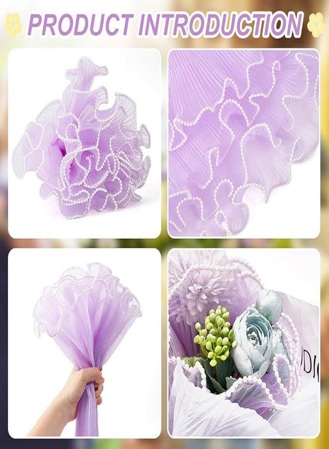 KTrading 4 Yards Floral Mesh Bouquet Wrapping Paper with Pearl Edge | Translucent Waterproof Flower Wrap for Gift Packaging, Weddings, Decorations & DIY Crafts (Purple) - Image 2